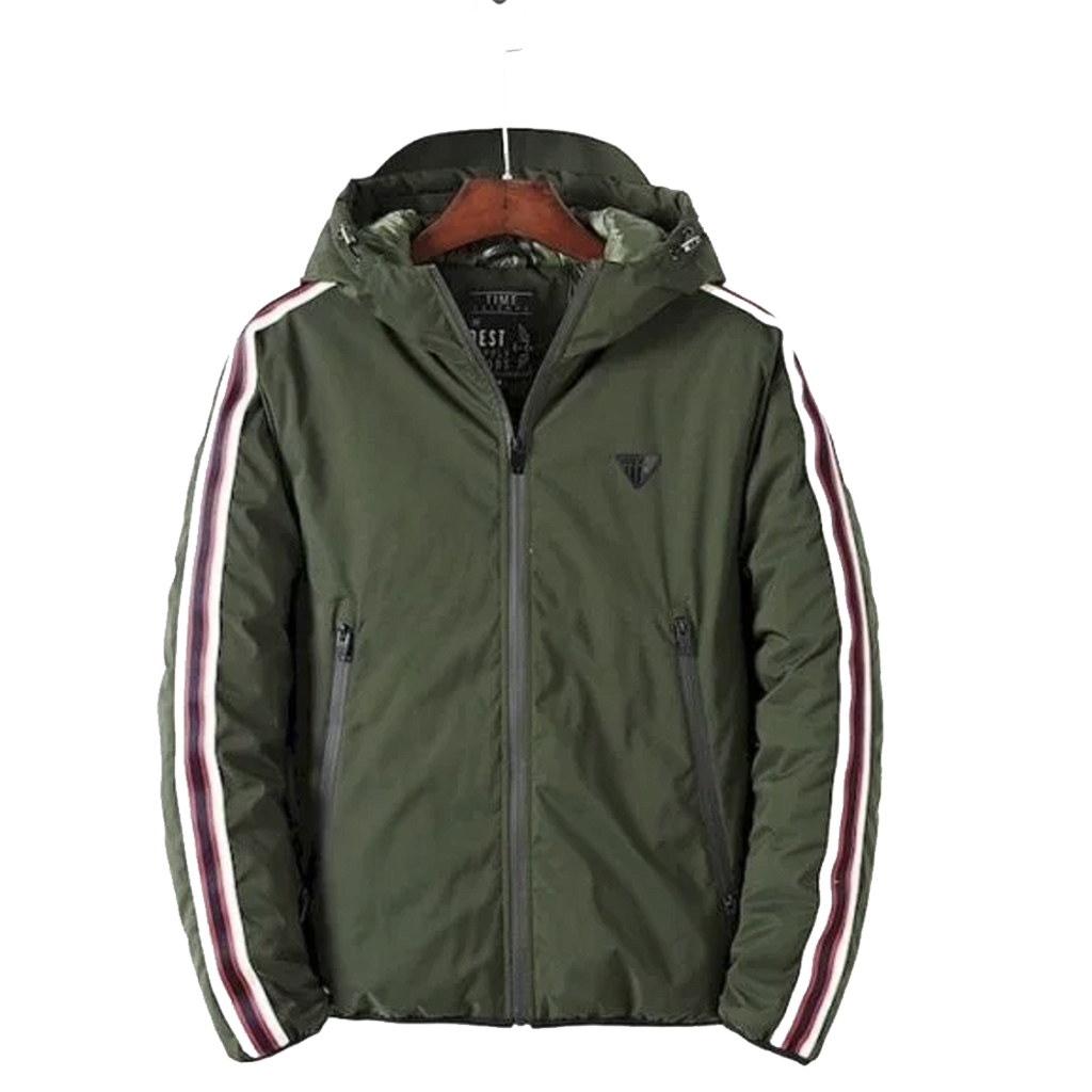 66 Men's Hooded Zip Front Jacket With Striped Sleeves And Pockets - Image 1