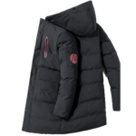 Men's Hooded Longline Puffer Jacket Front Pockets And Sleeve Patch
