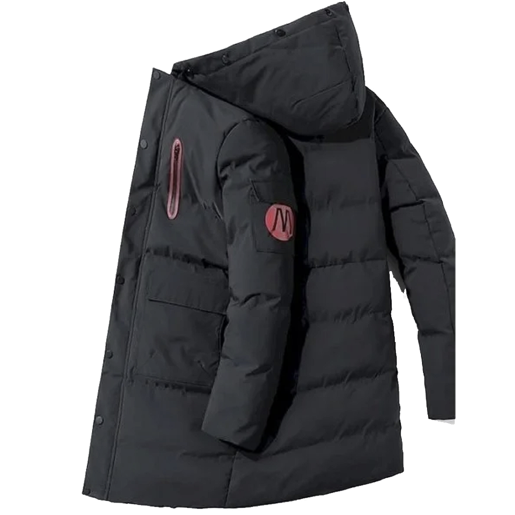 9 Men's Hooded Longline Puffer Jacket Front Pockets And Sleeve Patch - Image 1